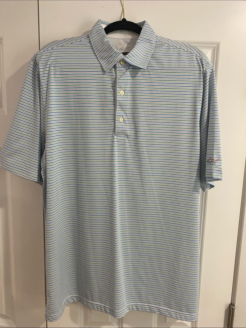 Greg Norman Play Dry Collection Blue and Green Striped Performance Golf Polo